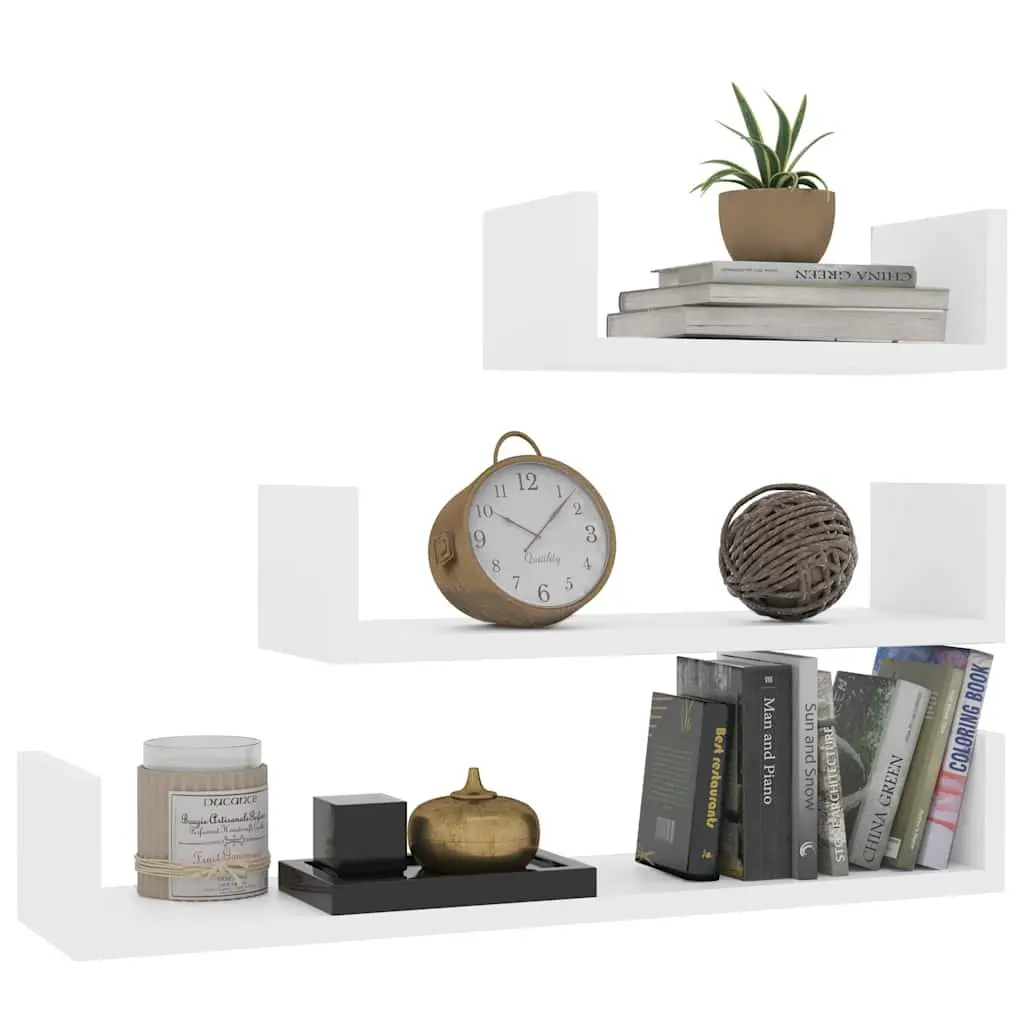 Wall Display Shelf White 3 Piece Set Engineered Wood U Shaped Floating Storage
