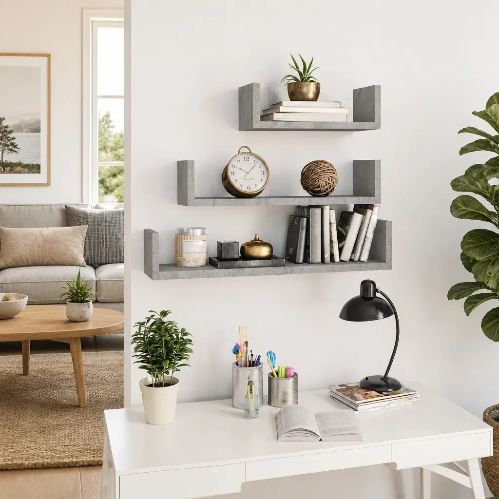 Wall Display Shelf Set Grey 3 Pieces U-Shaped Engineered Wood Storage Shelves