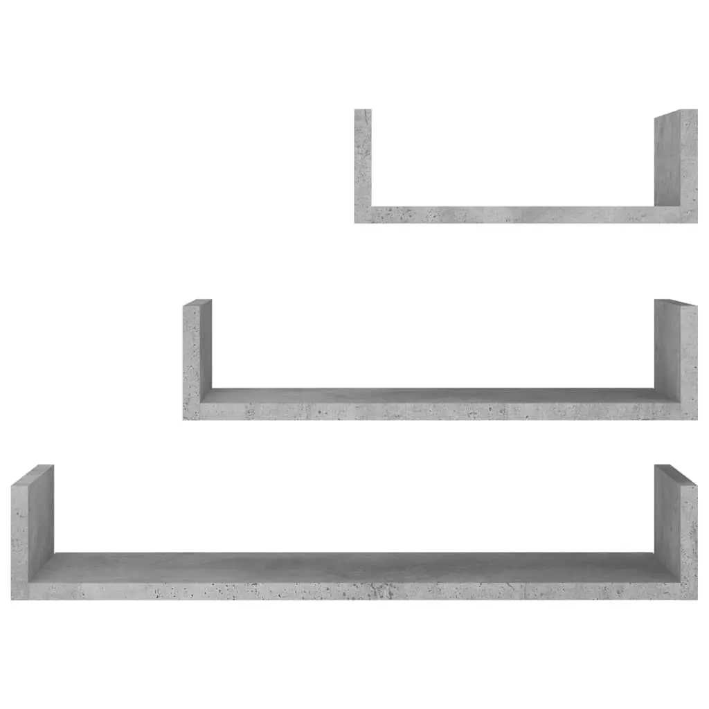 Wall Display Shelf Set Grey 3 Pieces U-Shaped Engineered Wood Storage Shelves