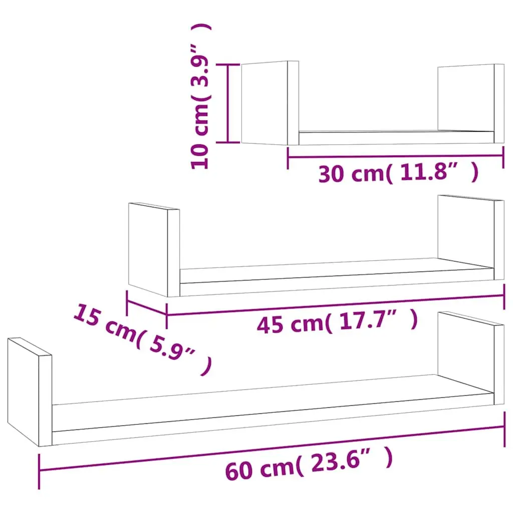 Wall Display Shelf Set Grey 3 Pieces U-Shaped Engineered Wood Storage Shelves