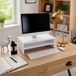 Monitor Stand Riser White Engineered Wood TV Desktop Keyboard Storage Shelf