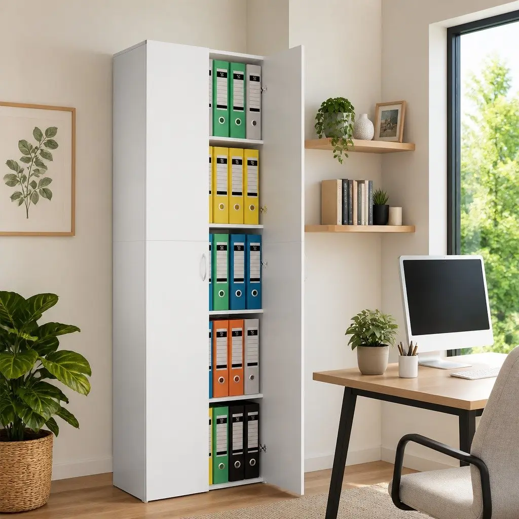 Office Cabinet White 60x32x190cm Filing Storage Cupboard 5 Shelves 2 Doors