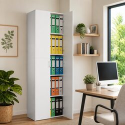 Office Cabinet White 60x32x190cm Filing Storage Cupboard 5 Shelves 2 Doors