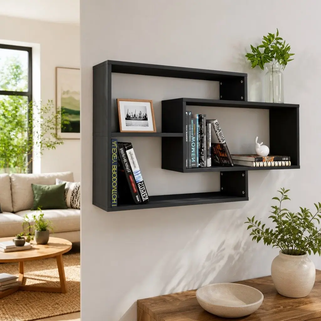 Grey Wall Shelving Unit 104x20x58.5cm Engineered Wood Open Compartment Storage Display for Home and Office