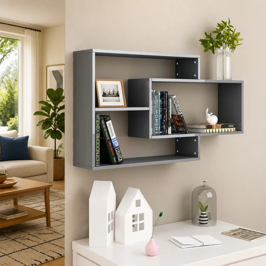 Wall Shelves Grey High Gloss 3 Open Compartments Storage Display Unit Home Office