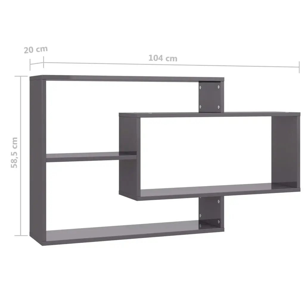Wall Shelves Grey High Gloss 3 Open Compartments Storage Display Unit Home Office