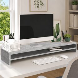 Monitor Stand Riser Grey Engineered Wood Dual Screen Desk Organiser Keyboard