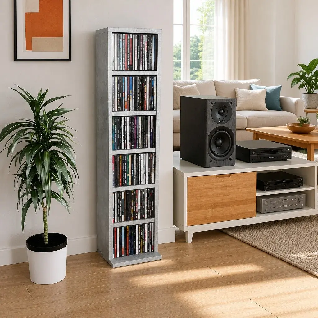 CD Cabinet Grey Concrete Engineered Wood Six Open Compartments Storage Shelves