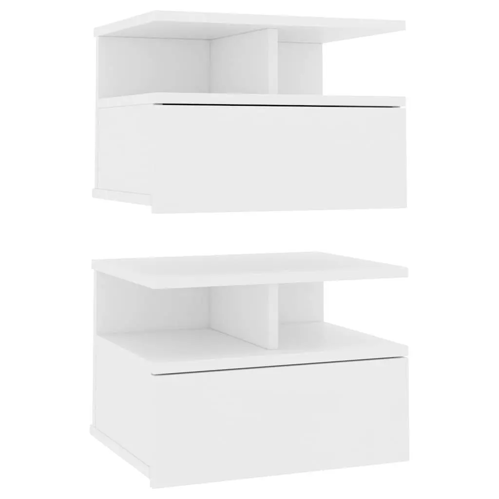 Floating Nightstand White Wall-Mounted Bedside Table with Open Compartments and Integrated Drawer 2 Piece