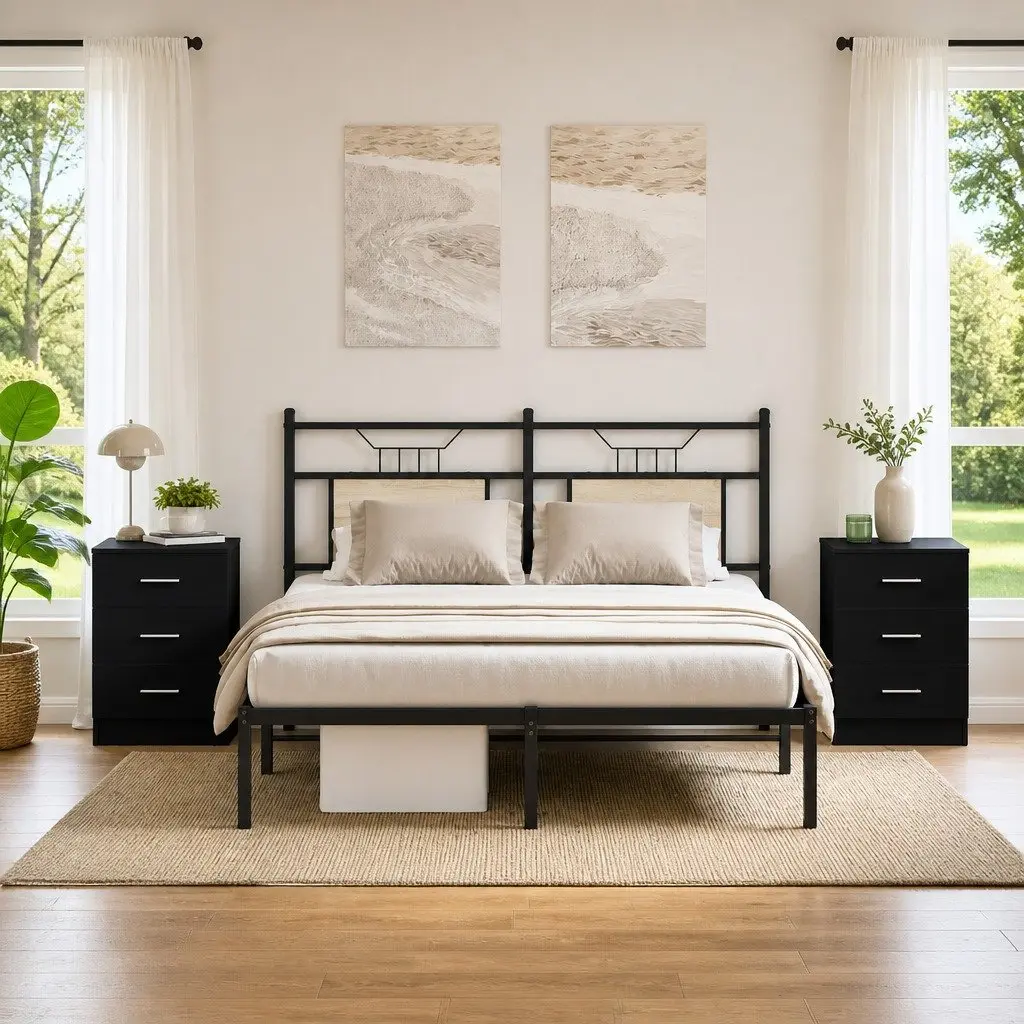 Bedside Cabinets Black 2 Piece Nightstand with Three Drawers for Storage and Organisation