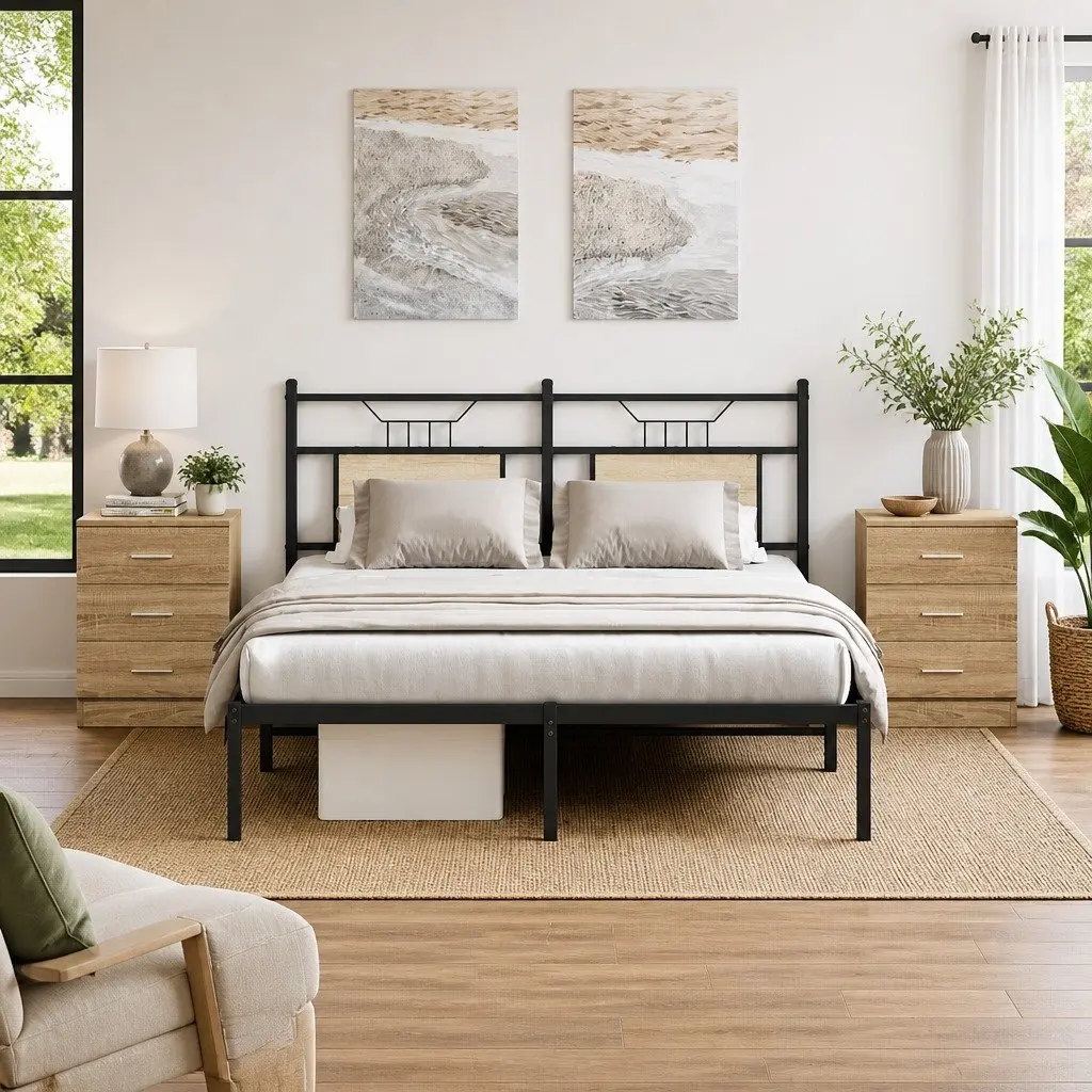Bedside Tables Brown Engineered Wood 2 Piece Nightstand Storage Cabinet with Three Drawers