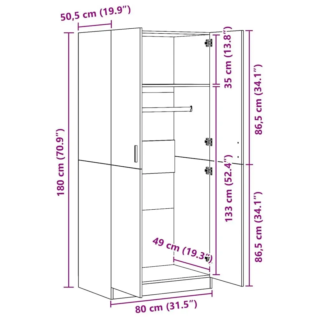 Wardrobe White 80x52x180 cm Storage Cabinet Cupboard Hanging Rod Compartment
