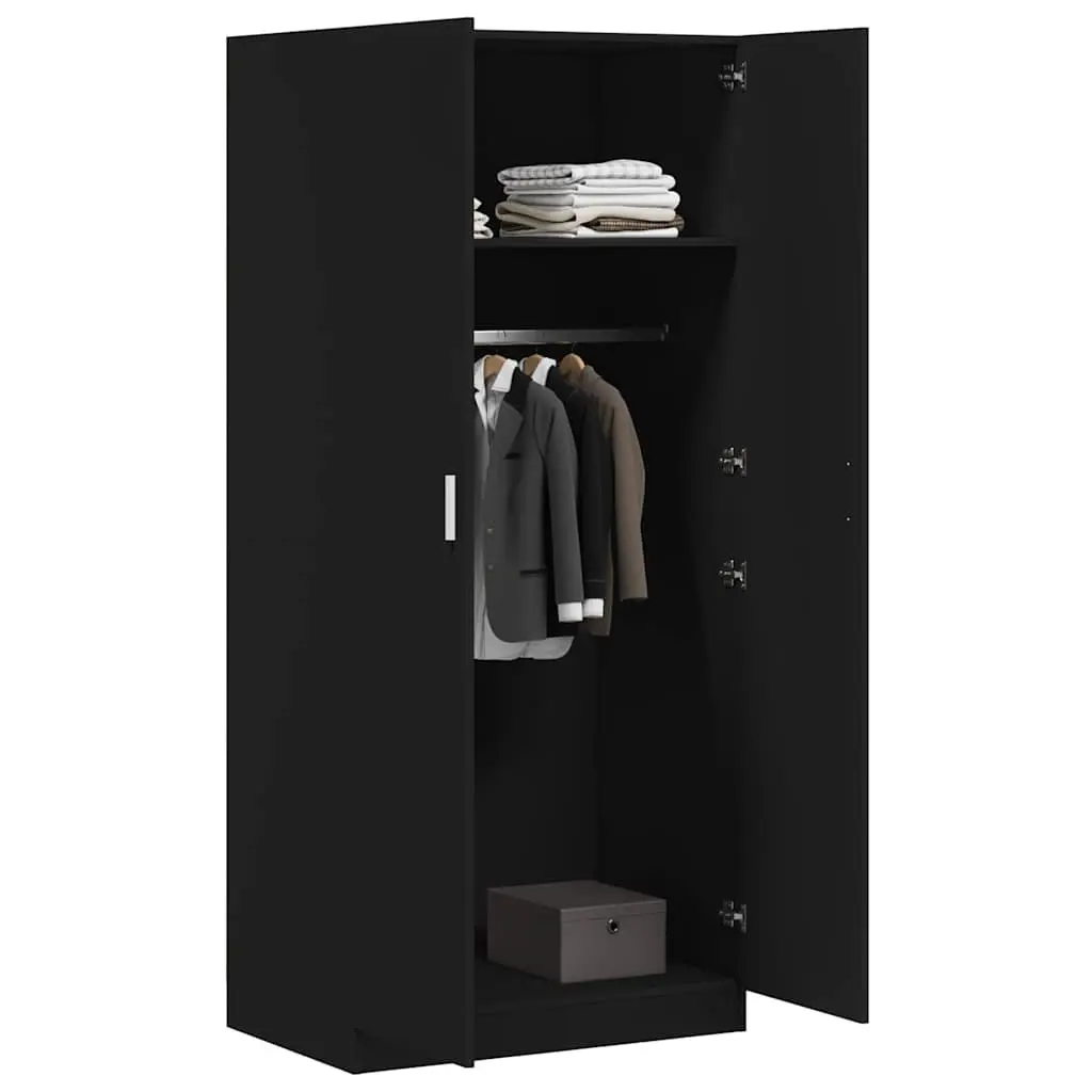 Black Wardrobe Cabinet 80x52x180cm Engineered Wood with Hanging Rod for Clothes Storage