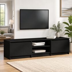 Compact and Stylish Black TV Cabinet with Open Compartments