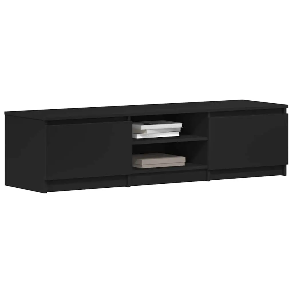 TV Stand Storage Unit Black Engineered Wood 140cm x 40cm x 35.5cm with 2 Doors and 2 Open Compartments for Living Room