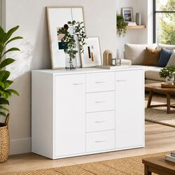 White Sideboard Buffet Cabinet 88x30x65cm Storage Unit with 4 Drawers 2 Doors