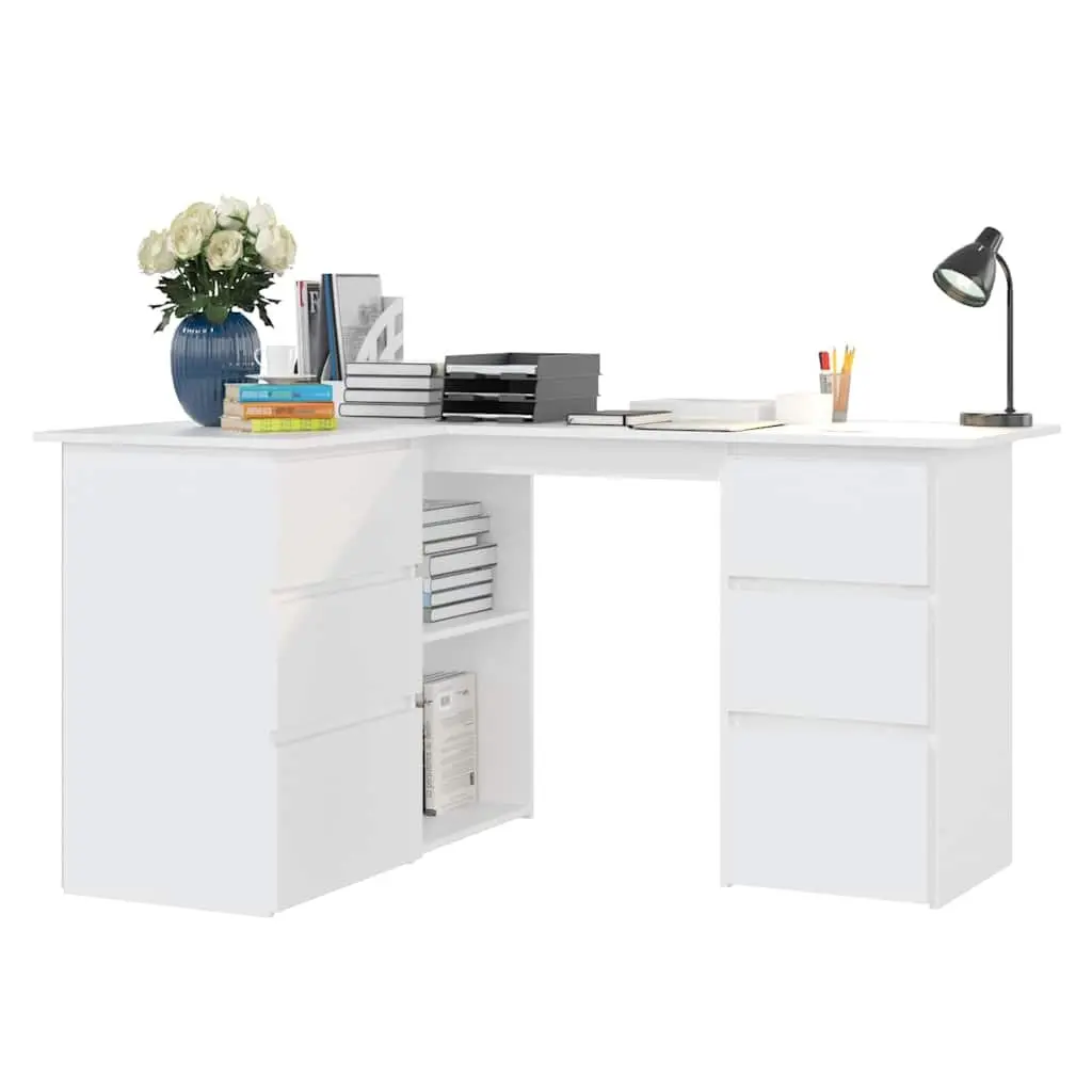 Corner Desk White Engineered Wood 145cm W x 100cm D x 76cm H with Storage Drawers