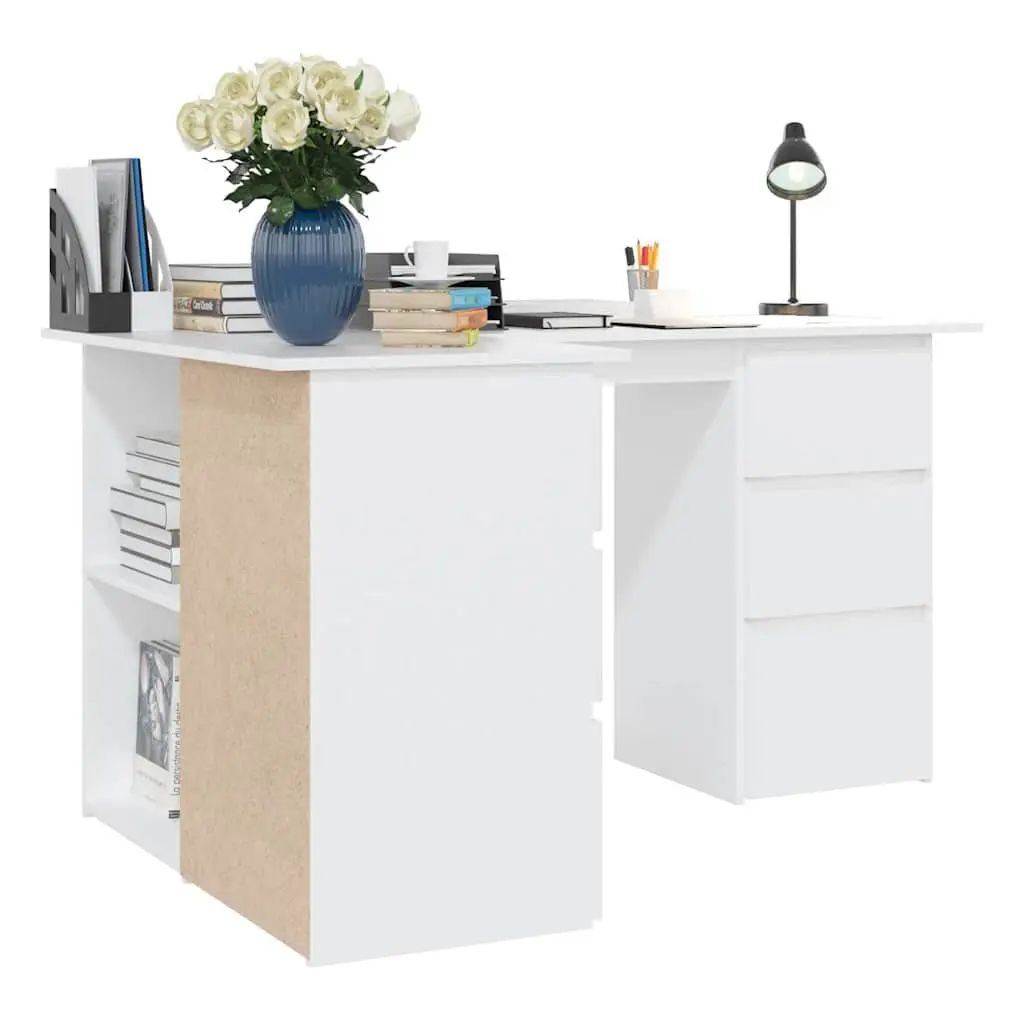 Corner Desk White Engineered Wood 145cm W x 100cm D x 76cm H with Storage Drawers