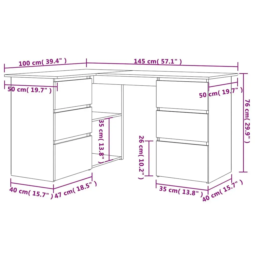 Corner Desk White Engineered Wood 145cm W x 100cm D x 76cm H with Storage Drawers