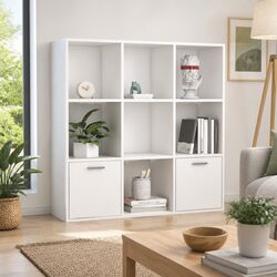 Book Cabinet White with Open Shelving and Concealed Doors