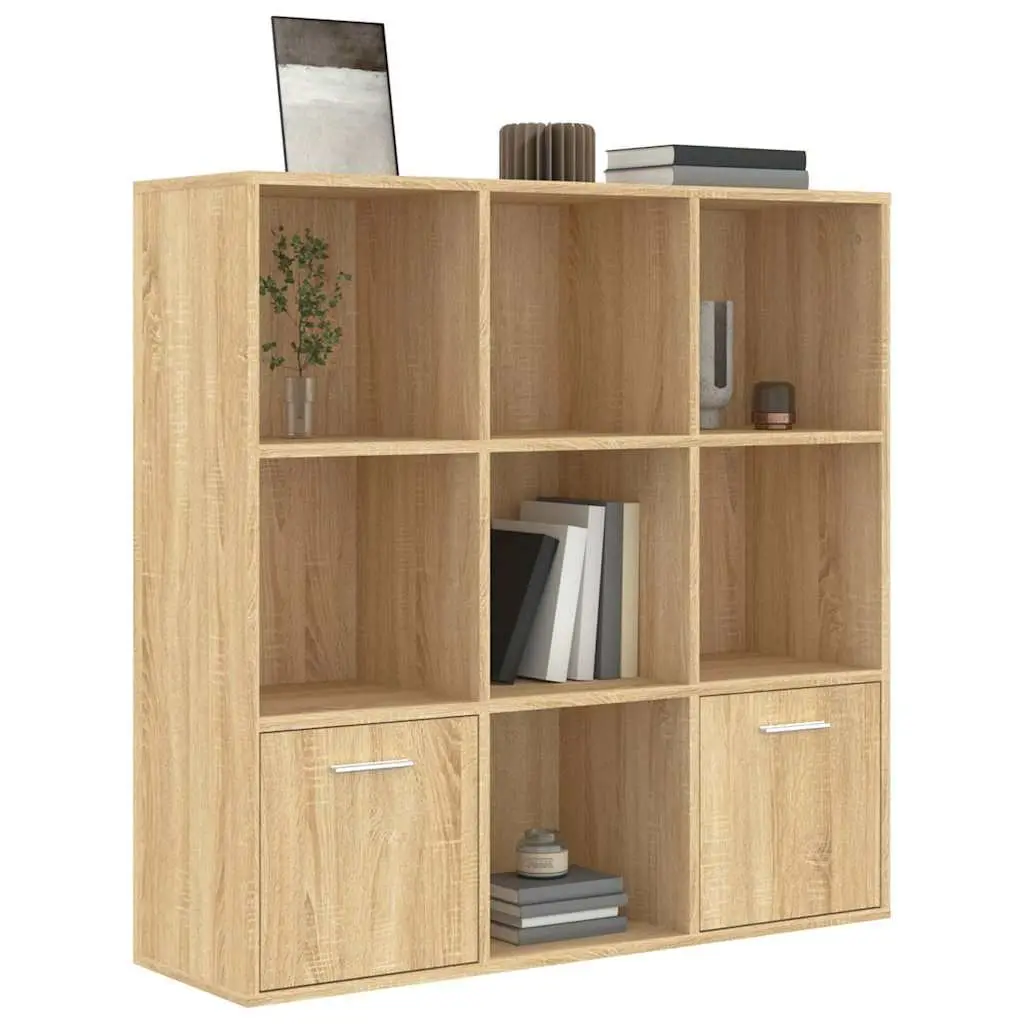 Book Cabinet Brown Engineered Wood 7 Cubes 2 Doors Storage Shelving Unit