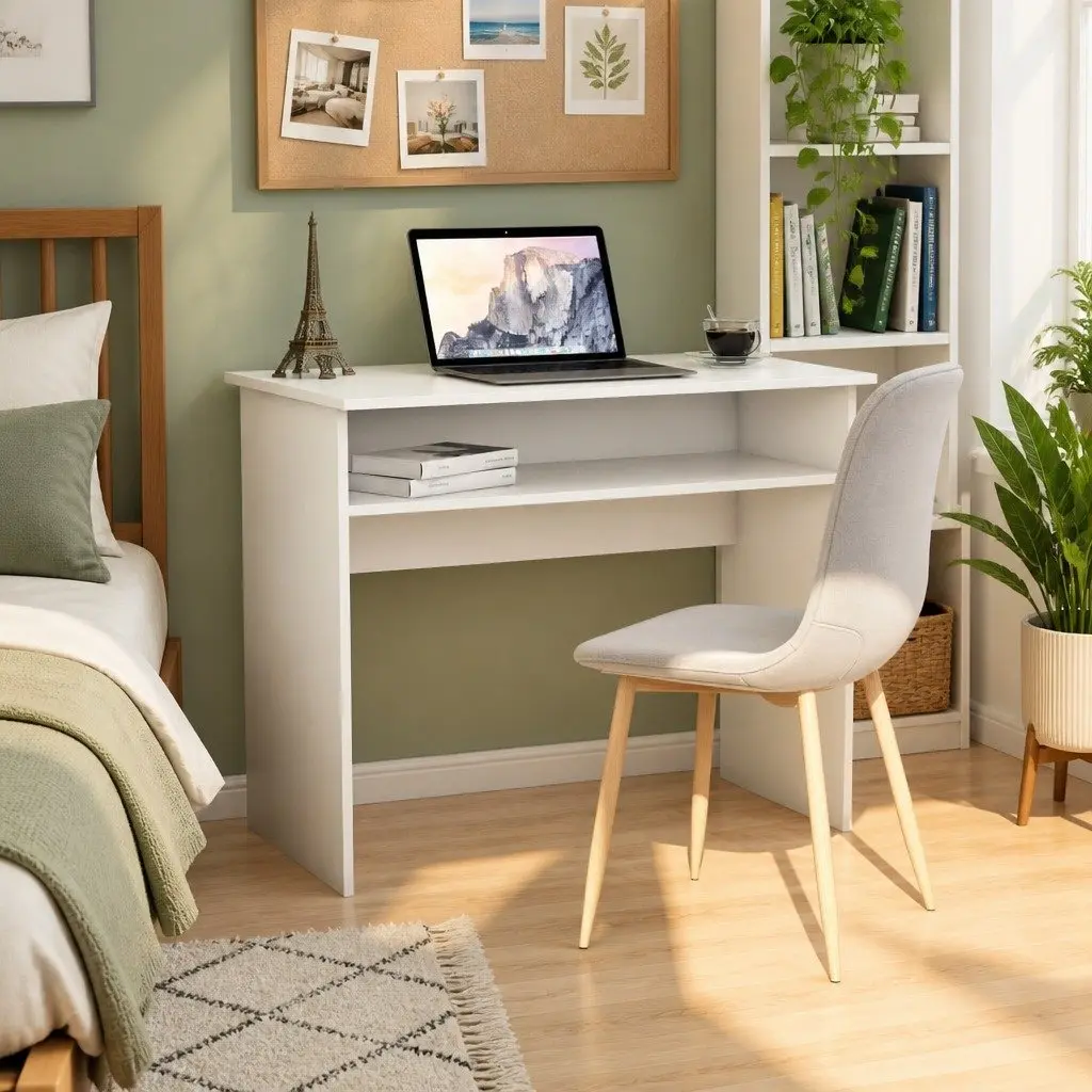 White Computer Desk 90cm Compact Office Workstation with Storage Shelf