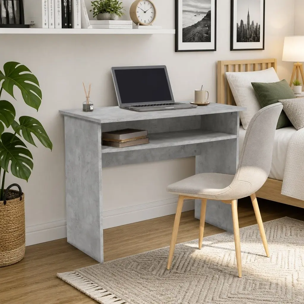 Computer Desk 90cm Grey Engineered Wood with Storage Shelf Compact Office Study Workstation