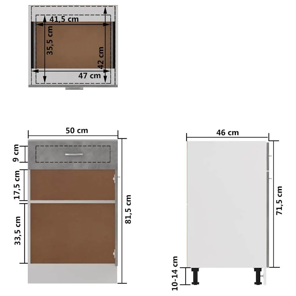 Kitchen Cabinet Grey 50 x 46 x 81.5 cm Drawer and Two Shelves Storage Organiser