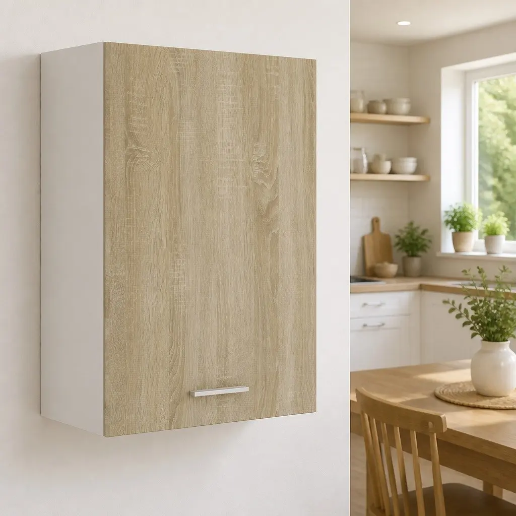 Hanging Cabinet Brown Wall Mounted Kitchen Storage Cupboard with Door and 2 Shelves