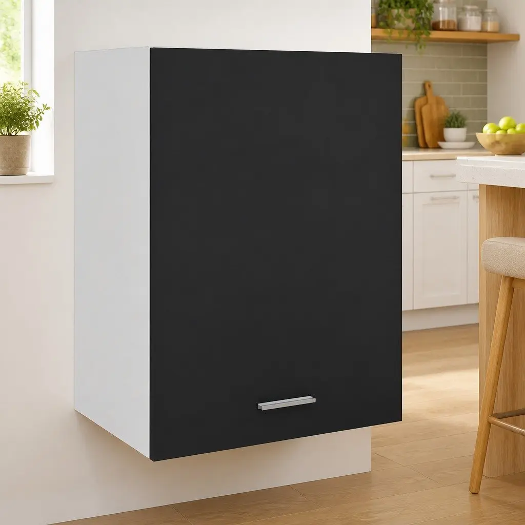 Hanging Cabinet Black Engineered Wood Wall Mount Two Internal Shelves