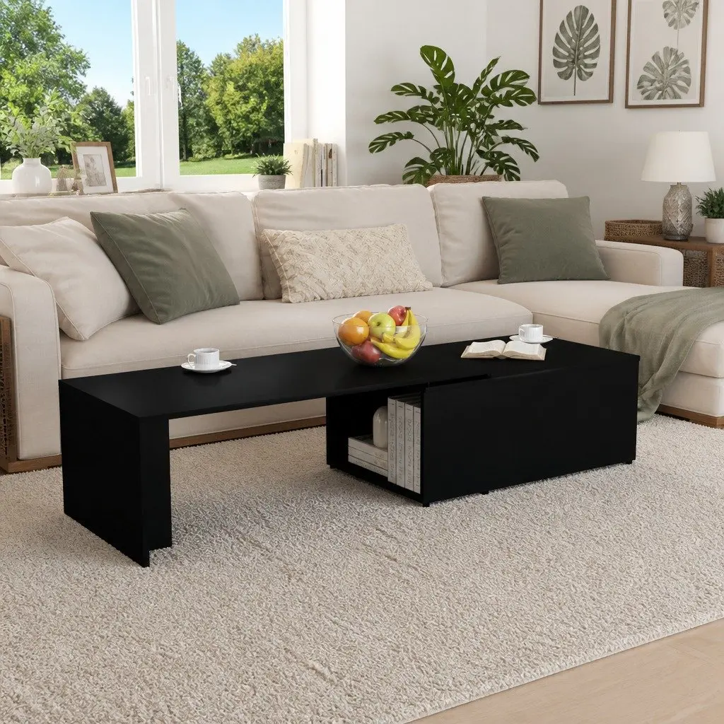 Coffee Table Black Engineered Wood Spacious Top Durable Living Room Furniture