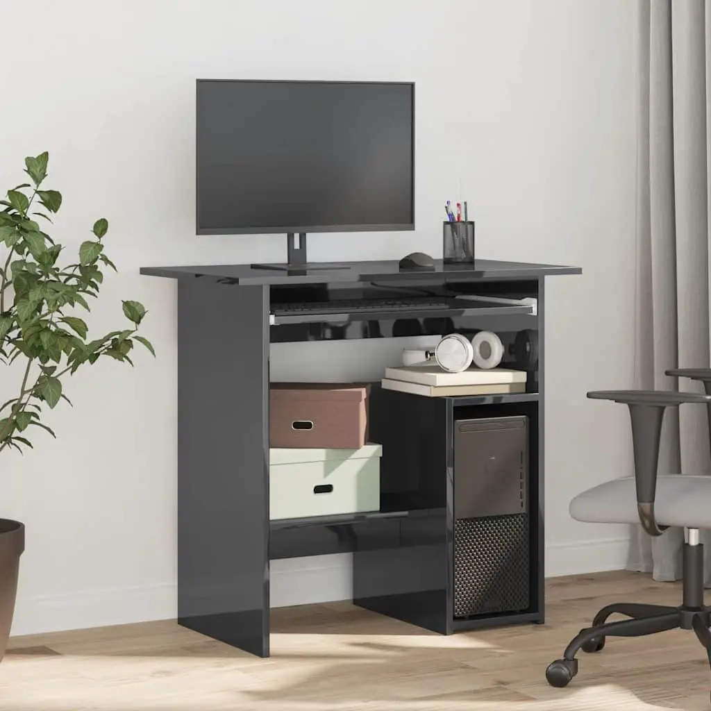 Office Desk Grey High Gloss Engineered Wood Computer Workstation with Keyboard Tray