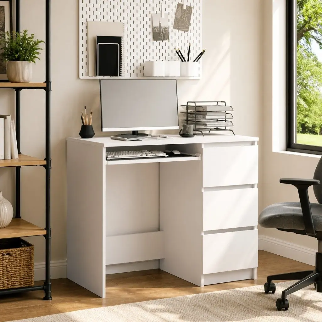 White Desk 90cm Engineered Wood Compact Office Computer Workstation