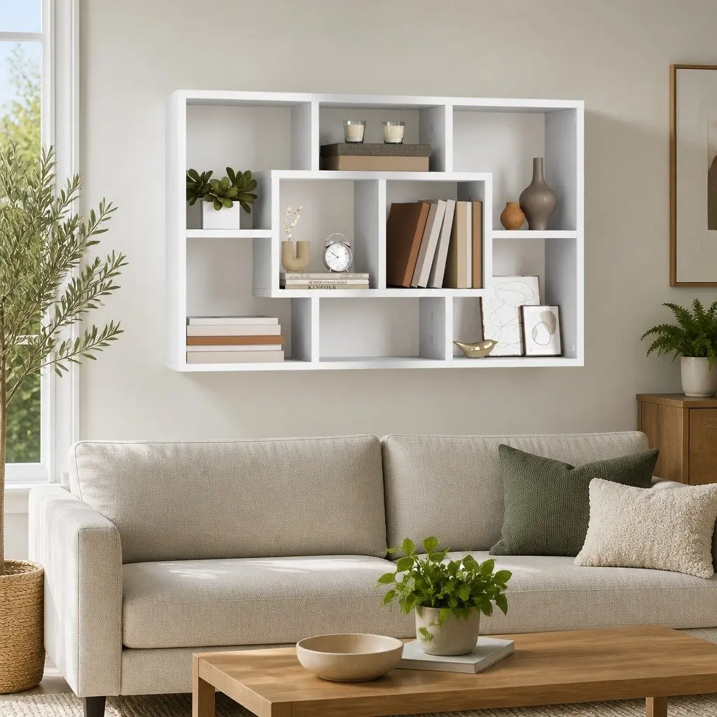 Wall Shelf White Engineered Wood Eight Compartments Floating Storage