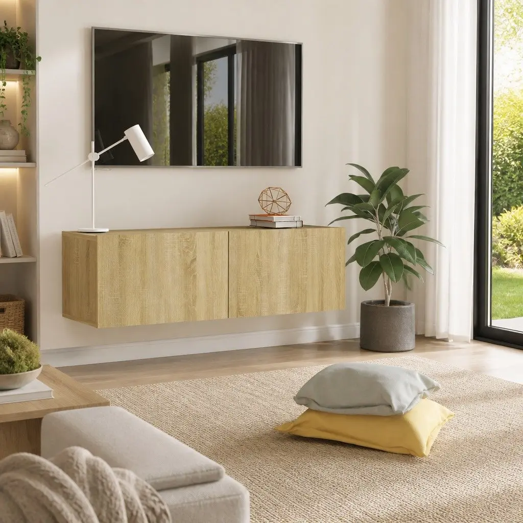 TV Cabinet Brown Wall-Mounted 100cm Storage Unit with 2 Compartments and Drop-Down Doors