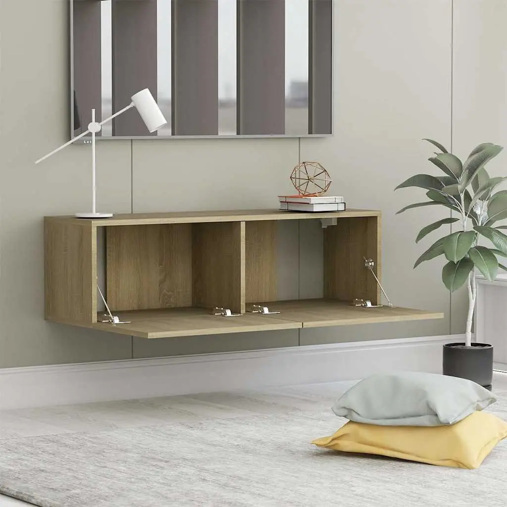TV Cabinet Brown Wall-Mounted 100cm Storage Unit with 2 Compartments and Drop-Down Doors