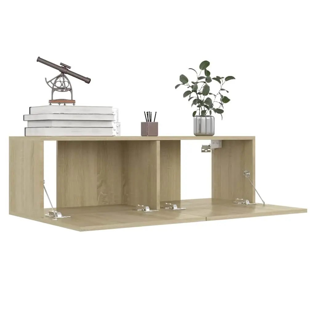 TV Cabinet Brown Wall-Mounted 100cm Storage Unit with 2 Compartments and Drop-Down Doors