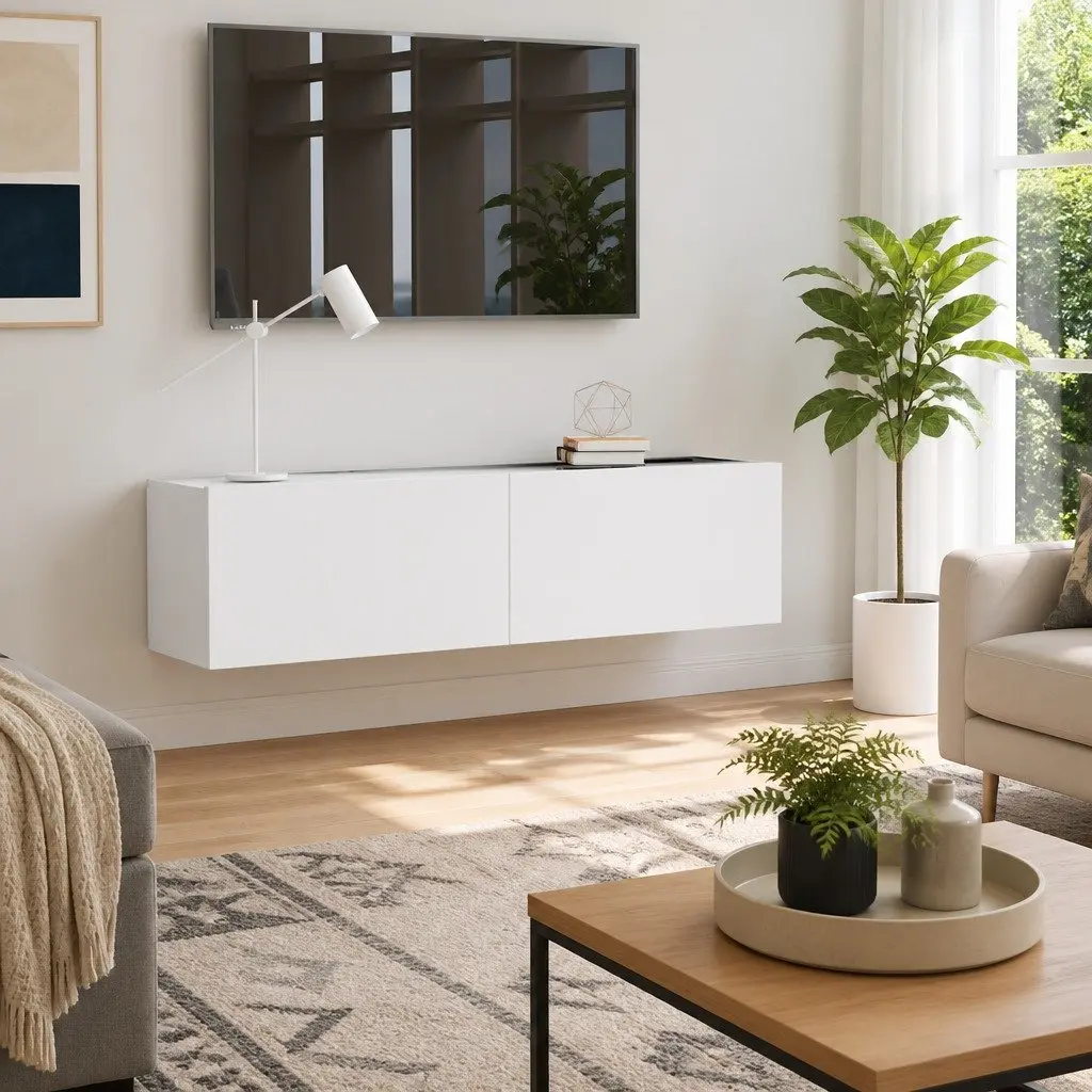 Wall-Mounted TV Cabinet, White, Easy Assembly