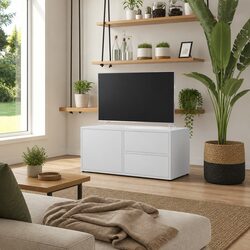 TV Cabinet White Engineered Wood Storage Unit with Drawers and Door Compartment