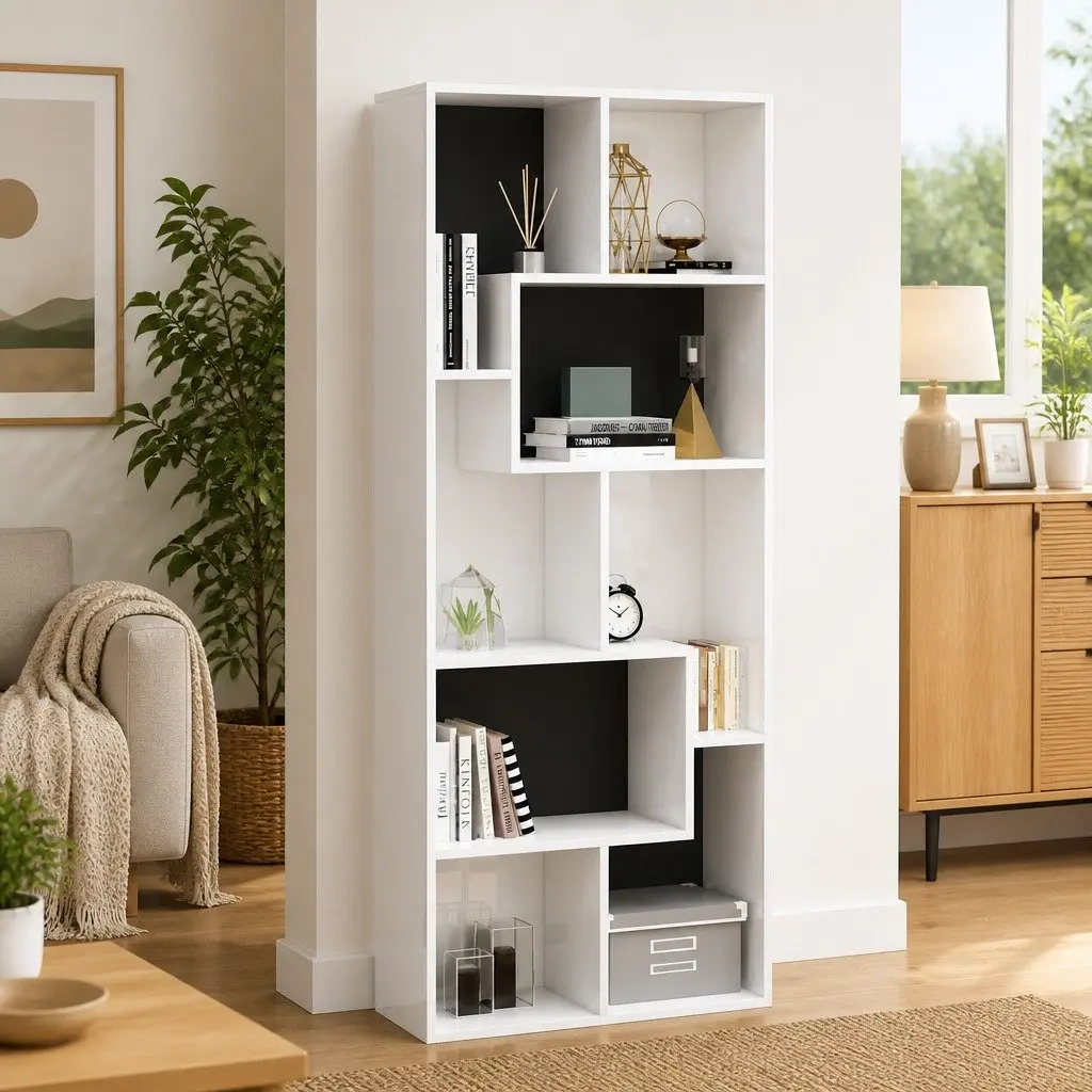 Book Cabinet High Gloss White Engineered Wood 67x24x161cm Multiple Compartments