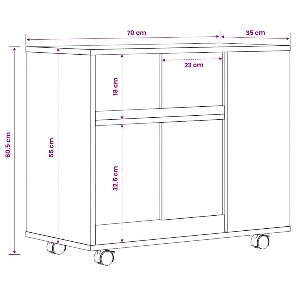 End Table White 70x35x55 cm Engineered Wood with Wheels