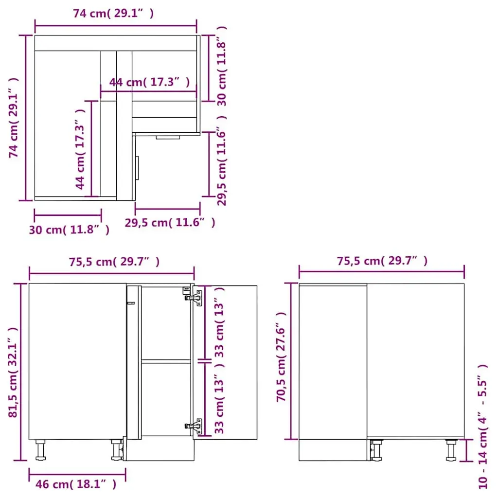 Corner Bottom Cabinet Brown Engineered Wood 75.5x81.5 Two Shelves Two Doors