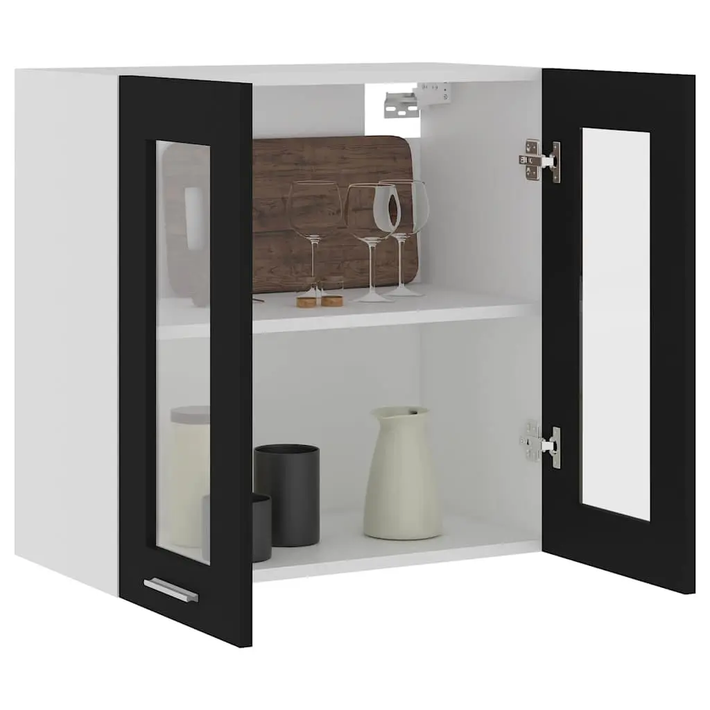 Hanging Glass Kitchen Cabinet Black Wall-mounted 60 x 31 x 60 cm Two Doors Shelves