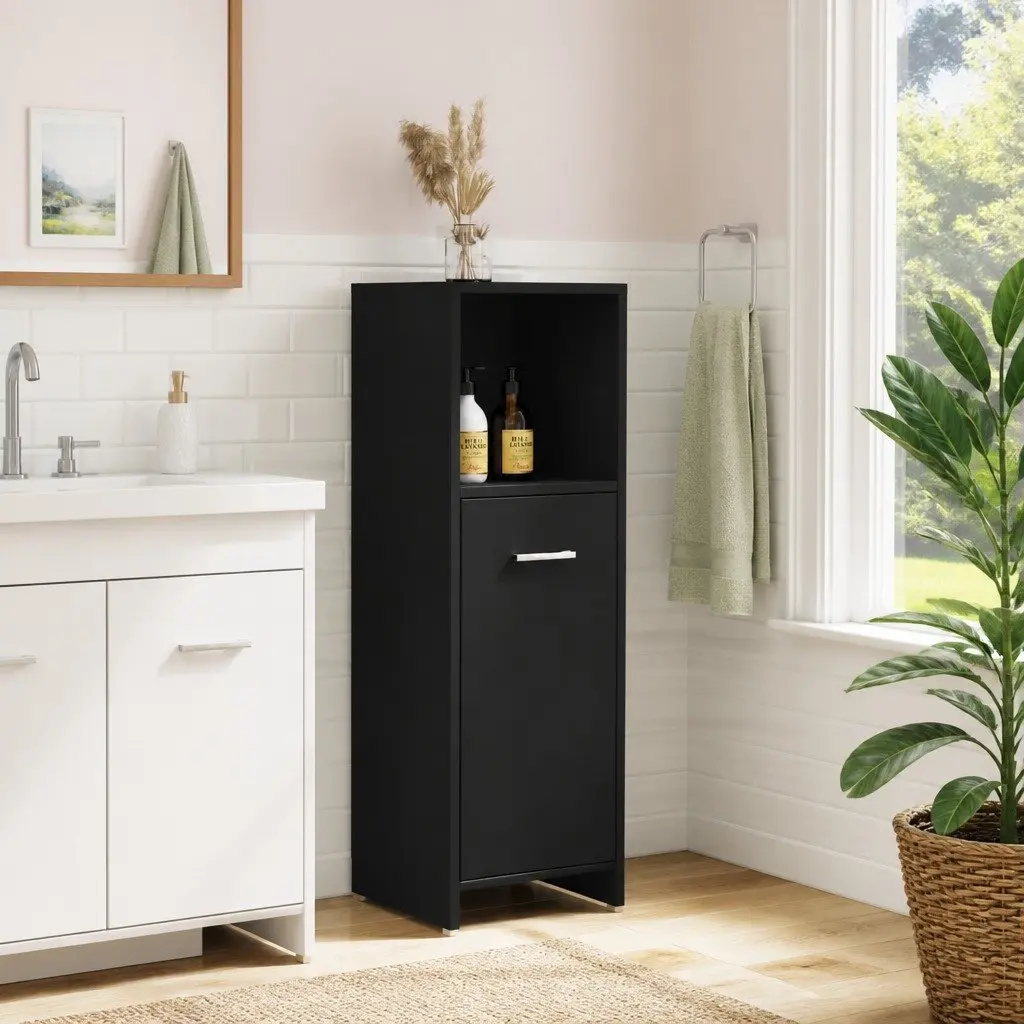Bathroom Cabinet Black 30x30x95 cm 3 Compartments 1 Door