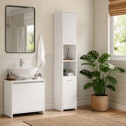 Compact White Bathroom Cabinet 30x30x183.5 cm with Storage Options
