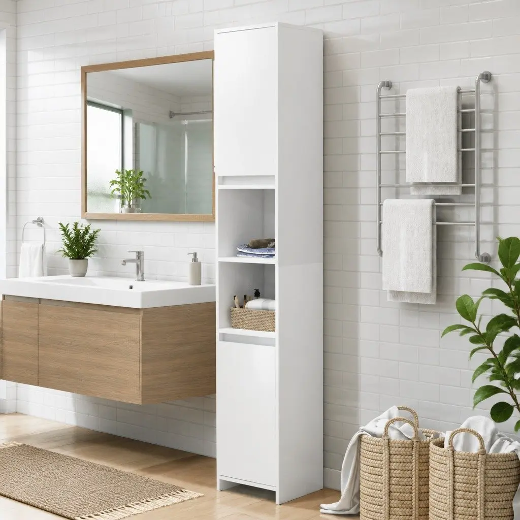 White Bathroom Cabinet Engineered Wood Storage Unit with 6 Compartments and 2 Doors for Organized Essentials