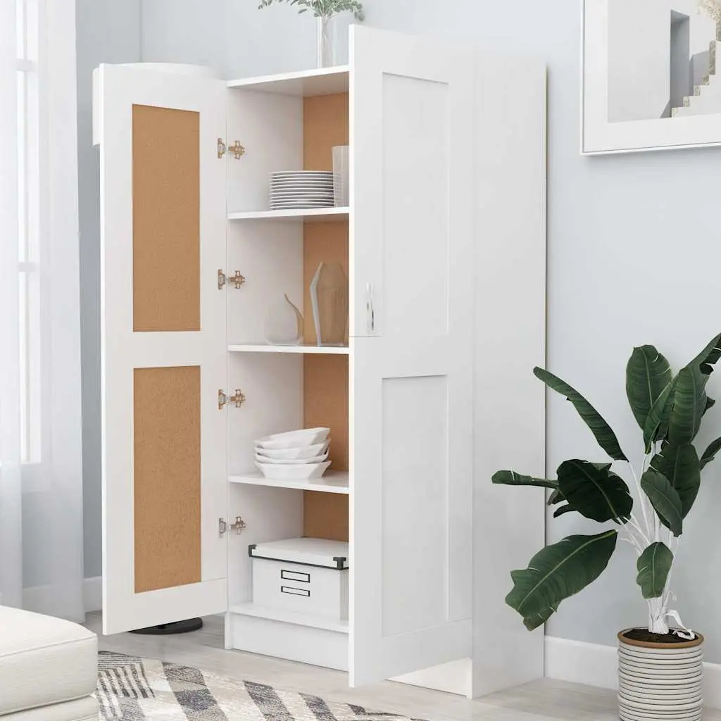Book Cabinet White Engineered Wood 4 Compartments 2 Doors