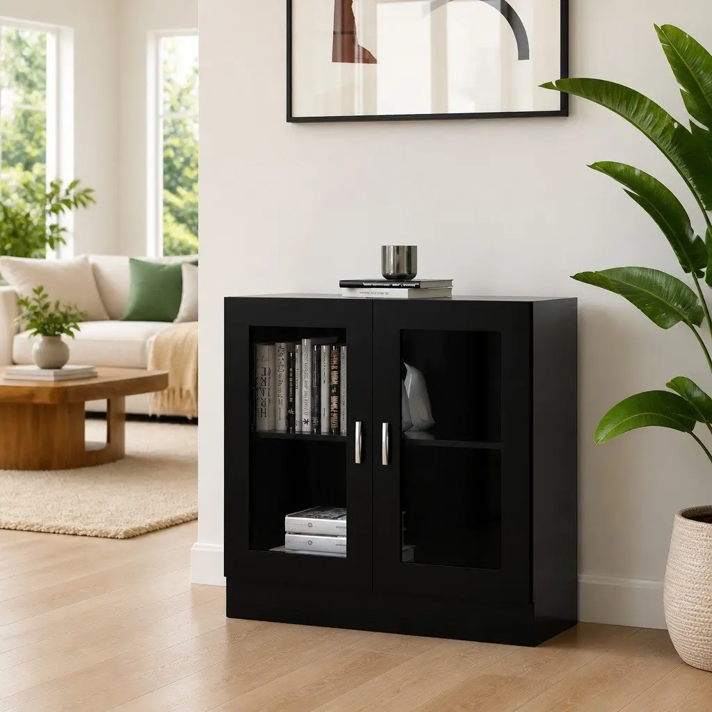 Display Cabinet Engineered Wood Black 82.5x30.5x80cm Storage Unit with 2 Doors for Books and Decorative Items