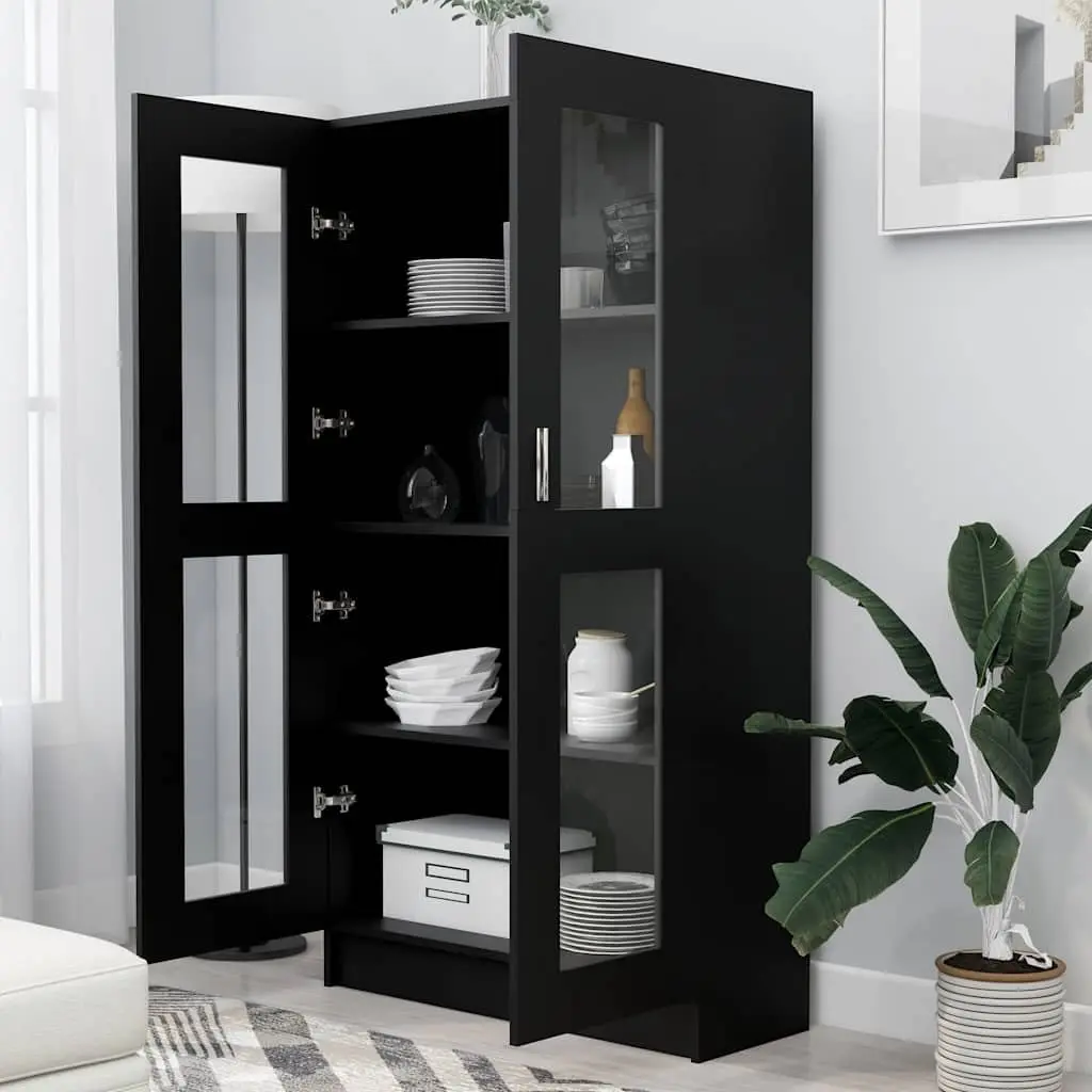Black Vitrine Cabinet Storage Shelf Engineered Wood 4 Compartments 2 Doors