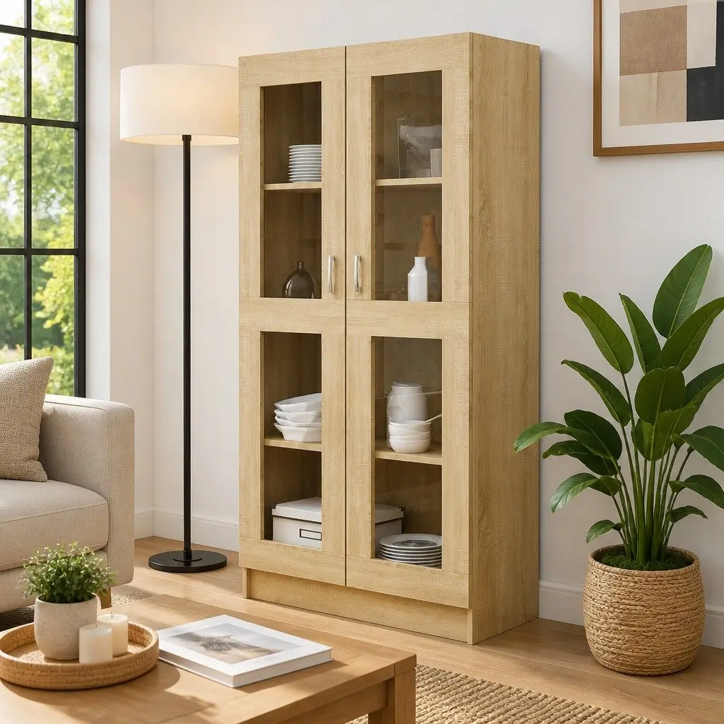 Display Cabinet Brown Engineered Wood 82.5x30.5x150cm 4 Compartments 2 Doors for Storage and Display